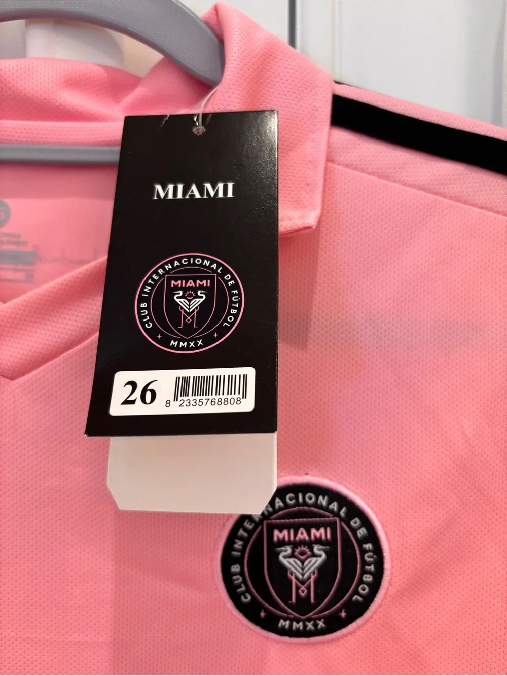 miami Pink Soccer Set Jersey & Shorts with Black Tag and Embroidered Crest